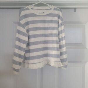 easy-peasy Toddler Girl Knit Ruffle Tee 5T  Grey Blue  Stripe